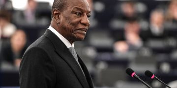 Guinean President Alpha Conde addresses MPs during a plenary session at the European Parliament on May 29, 2018 in Strasbourg, eastern France. (Photo by FREDERICK FLORIN / AFP)        (Photo credit should read FREDERICK FLORIN/AFP/Getty Images)