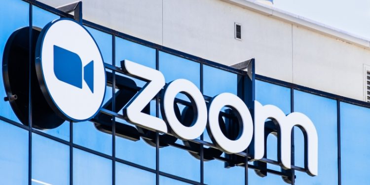 September 3, 2019 San Jose / CA / USA - Close up of Zoom sign at their HQ in Silicon Valley; Zoom Video Communications is a company that provides remote conferencing services using cloud computing
