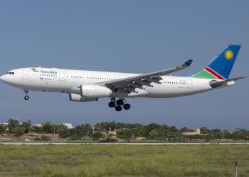 Luqa, Malta - September 29, 2019: Air Namibia Airbus A330-243 (Reg: V5-ANP) arriving in Malta for servicing by Lufthansa Technik