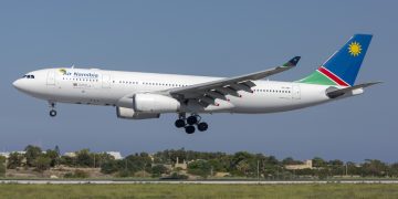 Luqa, Malta - September 29, 2019: Air Namibia Airbus A330-243 (Reg: V5-ANP) arriving in Malta for servicing by Lufthansa Technik