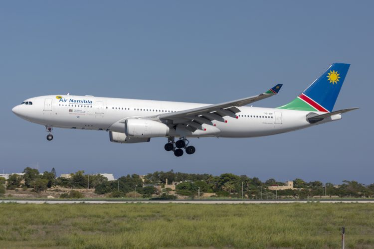 Luqa, Malta - September 29, 2019: Air Namibia Airbus A330-243 (Reg: V5-ANP) arriving in Malta for servicing by Lufthansa Technik
