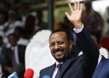 New Ethiopian Prime Minister Abiy Ahmed reacts during his rally in Ambo, about 120km west of Addis Ababa, Ethiopia, on April 11, 2018. / AFP PHOTO / Zacharias Abubeker        (Photo credit should read ZACHARIAS ABUBEKER/AFP/Getty Images)