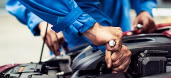 banner of automobile mechanic man and team checking car damage broken part condition, diagnostic and repairing vehicle at garage automotive, motor technician maintenance after service concept