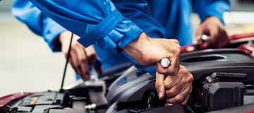 banner of automobile mechanic man and team checking car damage broken part condition, diagnostic and repairing vehicle at garage automotive, motor technician maintenance after service concept