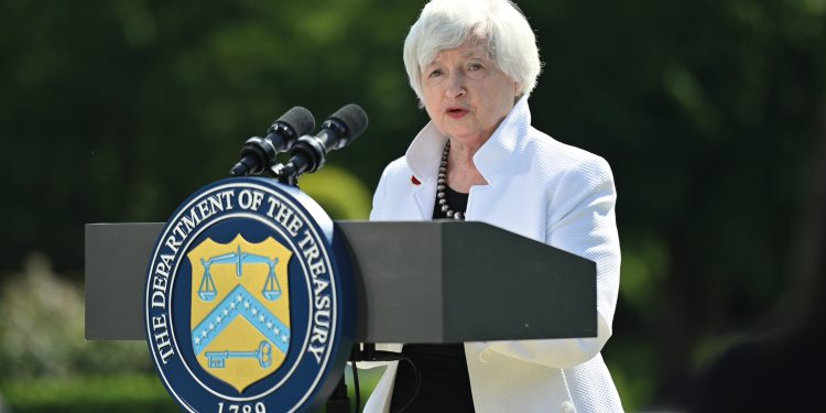 LONDON, ENGLAND - JUNE 05: US Treasury Secretary, Janet Yellen speaks during a press conference after attending the G7 Finance Ministers meeting at Winfield House on June 5, 2021 in London, England. Finance ministers from wealthy G7 nations on June 5 pledged commitment to a global minimum corporate tax of at least 15 percent, rallying behind a US-backed plan targeting tech giants and other multinationals accused of not paying enough. (Photo by Justin Tallis - WPA Pool/Getty Images)