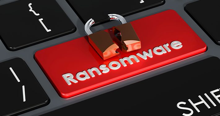 Ransomware red button on keyboard, 3D rendering