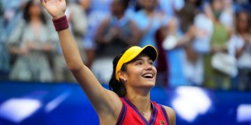 Sep 11, 2021; Flushing, NY, USA; Emma Raducanu of Great Britain celebrates after her match against Leylah Fernandez of Canada (not pictured) in the women's singles final on day thirteen of the 2021 U.S. Open tennis tournament at USTA Billie Jean King National Tennis Center. Mandatory Credit: Robert Deutsch-USA TODAY Sports