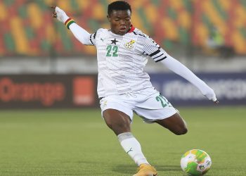 Abdul Fatawu Issahaku of Ghana shoots and scores during the 2021 CAF U20 Africa Cup of Nations football match between Ghana and Gambia at Stade Municipal Nouadhibou, Mauritania on 22 February 2021 ©Alain Guy Suffo/BackpagePix