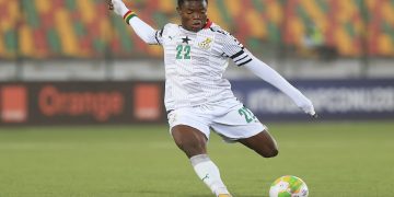 Abdul Fatawu Issahaku of Ghana shoots and scores during the 2021 CAF U20 Africa Cup of Nations football match between Ghana and Gambia at Stade Municipal Nouadhibou, Mauritania on 22 February 2021 ©Alain Guy Suffo/BackpagePix