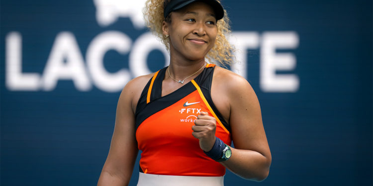 MIAMI GARDENS, FLORIDA - MARCH 24: Naomi Osaka of Japan celebrates winning a point against Angelique Kerber of Germany in her second round match on day 4 of the Miami Open at Hard Rock Stadium on March 24, 2022 in Miami Gardens, Florida (Photo by Robert Prange/Getty Images)