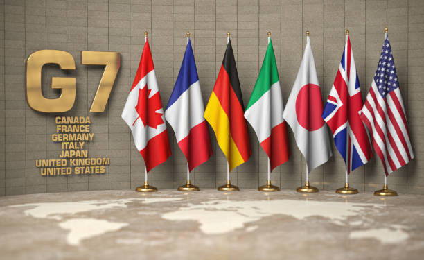 G7 summit or meeting concept. Row from flags of members of G7 group of seven and list of countries, 3d illustration