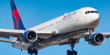 Frankfurt, Germany - July 8, 2018: Delta Air Lines Boeing 767 airplane at Frankfurt airport (FRA) in the Germany. Boeing is an aircraft manufacturer based in Seattle, Washington.