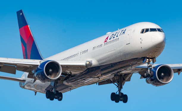 Frankfurt, Germany - July 8, 2018: Delta Air Lines Boeing 767 airplane at Frankfurt airport (FRA) in the Germany. Boeing is an aircraft manufacturer based in Seattle, Washington.
