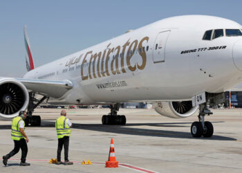 Emirates Boeing 777-300ER aircraft lands at Israel's Ben Gurion Airport in Lod on June 23, 2022, marking the airlines first passenger flight to Israel. (Photo by JACK GUEZ / AFP) (Photo by JACK GUEZ/AFP via Getty Images)
