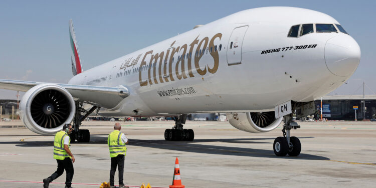 Emirates Boeing 777-300ER aircraft lands at Israel's Ben Gurion Airport in Lod on June 23, 2022, marking the airlines first passenger flight to Israel. (Photo by JACK GUEZ / AFP) (Photo by JACK GUEZ/AFP via Getty Images)