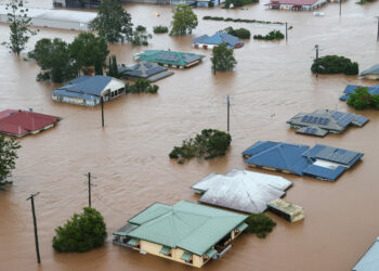 A supplied image shows flood-affected properties in Lismore, NSW on Monday, February 28, 2022. (AAP Image/Supplied by the Department of Defence, Bradley Richardson) NO ARCHIVING, EDITORIAL USE ONLY