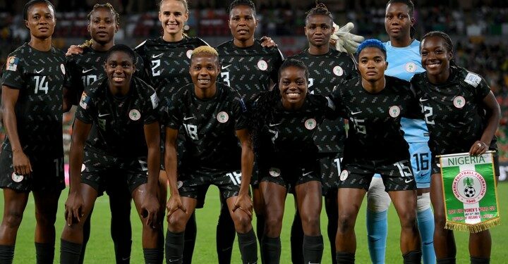 BRISBANE, AUSTRALIA - JULY 31: Nigeria players pose for a team photo prior to the FIFA Women's World Cup Australia & New Zealand 2023 Group B match between Ireland and Nigeria at Brisbane Stadium on July 31, 2023 in Brisbane / Meaanjin, Australia. (Photo by Justin Setterfield/Getty Images)