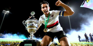 Zineddine Belaid of USM Alger celebrate trophy during the 2023 CAF Super Cup Al Ahly and USM Alger at King Fahd International Stadium in Taif, Saudi Arabia on 15 September 2023 ©Weam MostafaBackpagePix