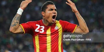 JOHANNESBURG, SOUTH AFRICA - JULY 02:  Kevin Prince Boateng of Ghana reacts during the 2010 FIFA World Cup South Africa Quarter Final match between Uruguay and Ghana at the Soccer City stadium on July 2, 2010 in Johannesburg, South Africa.  (Photo by Paul Gilham - FIFA/FIFA via Getty Images)