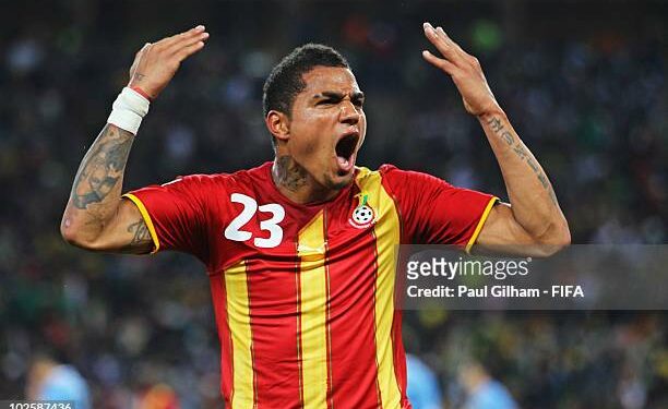 JOHANNESBURG, SOUTH AFRICA - JULY 02:  Kevin Prince Boateng of Ghana reacts during the 2010 FIFA World Cup South Africa Quarter Final match between Uruguay and Ghana at the Soccer City stadium on July 2, 2010 in Johannesburg, South Africa.  (Photo by Paul Gilham - FIFA/FIFA via Getty Images)