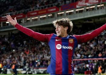 BARCELONA, SPAIN - OCTOBER 22: Marc Guiu of FC Barcelona celebrates 1-0 during the LaLiga EA Sports  match between FC Barcelona v Athletic de Bilbao at the Lluis Companys Olympic Stadium on October 22, 2023 in Barcelona Spain (Photo by David S.Bustamante/Soccrates/Getty Images)