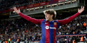 BARCELONA, SPAIN - OCTOBER 22: Marc Guiu of FC Barcelona celebrates 1-0 during the LaLiga EA Sports  match between FC Barcelona v Athletic de Bilbao at the Lluis Companys Olympic Stadium on October 22, 2023 in Barcelona Spain (Photo by David S.Bustamante/Soccrates/Getty Images)