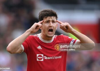 MANCHESTER, ENGLAND - SEPTEMBER 25: Harry Maguire of Manchester United looks on during the Premier League match between Manchester United and Aston Villa at Old Trafford on September 25, 2021 in Manchester, England. (Photo by Laurence Griffiths/Getty Images)