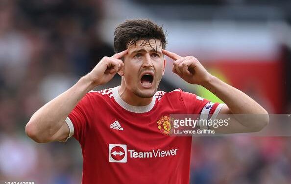 MANCHESTER, ENGLAND - SEPTEMBER 25: Harry Maguire of Manchester United looks on during the Premier League match between Manchester United and Aston Villa at Old Trafford on September 25, 2021 in Manchester, England. (Photo by Laurence Griffiths/Getty Images)