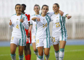 Ines Boutaleb of Algeria celebrates goal with teammates during the CAF Womens Africa Cup of Nations Qualifiers 2024 match between Algeria and Burundi held at 5 July 1962 Stadium in Algiers , Algeria on 4 December 2023 ©Djaffar Ladjal/BackpagePix