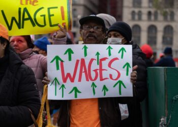 New York City, NY USA November 15, 2022. Labor Union members held a rally at City Hall demanding an increase in the minimum wage in New York.