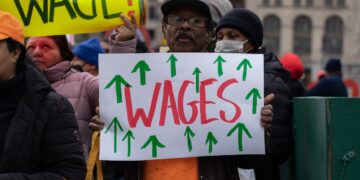 New York City, NY USA November 15, 2022. Labor Union members held a rally at City Hall demanding an increase in the minimum wage in New York.