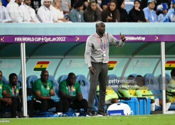 AL WAKRAH, QATAR - DECEMBER 02: Otto Addo, Head Coach of Ghana, gives the team instructions during the FIFA World Cup Qatar 2022 Group H match between Ghana and Uruguay at Al Janoub Stadium on December 02, 2022 in Al Wakrah, Qatar. (Photo by Clive Mason/Getty Images)