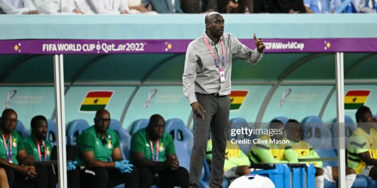 AL WAKRAH, QATAR - DECEMBER 02: Otto Addo, Head Coach of Ghana, gives the team instructions during the FIFA World Cup Qatar 2022 Group H match between Ghana and Uruguay at Al Janoub Stadium on December 02, 2022 in Al Wakrah, Qatar. (Photo by Clive Mason/Getty Images)