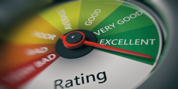 Rating, customer feedback concept. Car speedometer, excellent rating close up. 3d illustration