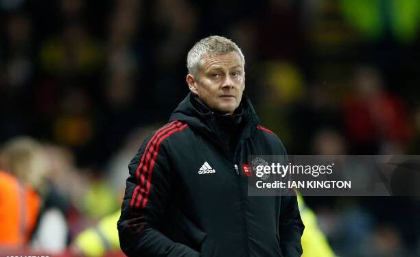 Manchester United's Norwegian manager Ole Gunnar Solskjaer reacts during the English Premier League football match between Watford and Manchester United at Vicarage Road Stadium in Watford, southeast England, on November 20, 2021. - RESTRICTED TO EDITORIAL USE. No use with unauthorized audio, video, data, fixture lists, club/league logos or 'live' services. Online in-match use limited to 120 images. An additional 40 images may be used in extra time. No video emulation. Social media in-match use limited to 120 images. An additional 40 images may be used in extra time. No use in betting publications, games or single club/league/player publications. (Photo by Ian KINGTON / AFP) / RESTRICTED TO EDITORIAL USE. No use with unauthorized audio, video, data, fixture lists, club/league logos or 'live' services. Online in-match use limited to 120 images. An additional 40 images may be used in extra time. No video emulation. Social media in-match use limited to 120 images. An additional 40 images may be used in extra time. No use in betting publications, games or single club/league/player publications. / RESTRICTED TO EDITORIAL USE. No use with unauthorized audio, video, data, fixture lists, club/league logos or 'live' services. Online in-match use limited to 120 images. An additional 40 images may be used in extra time. No video emulation. Social media in-match use limited to 120 images. An additional 40 images may be used in extra time. No use in betting publications, games or single club/league/player publications. (Photo by IAN KINGTON/AFP via Getty Images)