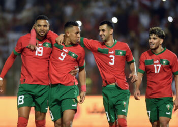 Soufiane Rahimi of Morocco (second from left) celebrates goal with teammates during the 2025 Africa Cup of Nations Qualifiers match between Morocco and Central African Republic at Honneur Stadium in Oujda, Morocco on 12 October 2024 ©Nabil Ramdani/BackpagePix