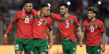 Soufiane Rahimi of Morocco (second from left) celebrates goal with teammates during the 2025 Africa Cup of Nations Qualifiers match between Morocco and Central African Republic at Honneur Stadium in Oujda, Morocco on 12 October 2024 ©Nabil Ramdani/BackpagePix