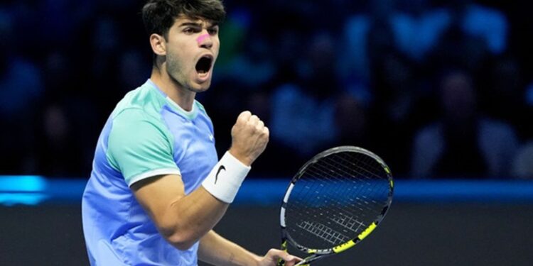 TURIN, ITALY - NOVEMBER 13: Carlos Alcaraz of Spain celebrates a point during his match against Andrey Rublev of Russia during day four of the Nitto ATP finals 2024 at Inalpi Arena on November 13, 2024 in Turin, Italy. (Photo by Giampiero Sposito/Getty Images)