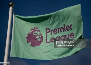 LEICESTER, ENGLAND - MAY 15:  The official Premier League badge on a flag ahead of the Premier League match between Leicester City and Liverpool FC at The King Power Stadium on May 15, 2023 in Leicester, United Kingdom. (Photo by Joe Prior/Visionhaus via Getty Images)