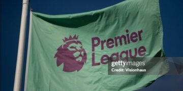 LEICESTER, ENGLAND - MAY 15:  The official Premier League badge on a flag ahead of the Premier League match between Leicester City and Liverpool FC at The King Power Stadium on May 15, 2023 in Leicester, United Kingdom. (Photo by Joe Prior/Visionhaus via Getty Images)
