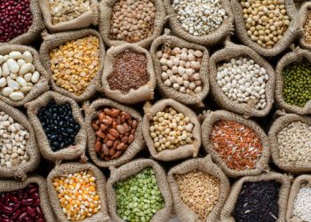 Variety kinds of natural cereal and grain seed in sack and dark tone, for clean food raw material and agricultural product concept