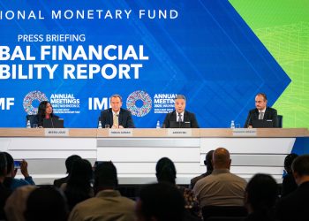 Director of the IMF Monetary and Capital Markets Department Tobias Adrian, Assistant Director Jason Wu, and Deputy Director Athanasios Vamvakidis are joined by Communications Officer Meera Louis to brief the press on the findings of the October 2025 IMF Global Financial Stability Report during the 2025 Annual Meetings of the World Bank Group and International Monetary Fund in Washington, DC, on October 14, 2025.  IMF Photo/Allison Robbert