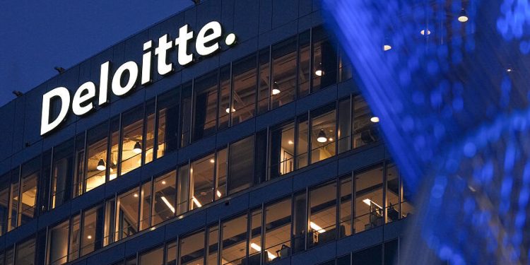 ARLINGTON, VA - May 15: The corporate logo for the professional services company Deloitte is seen on top of their Washington, D.C. regional office building on May 15, 2025, in Arlington, VA. (Photo by J. David Ake/Getty Images)