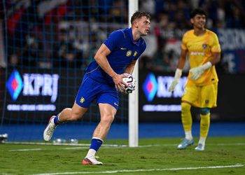JAKARTA, INDONESIA - AUGUST 09: Liam Delap of Chelsea celebrates scoring his team's first goal during the Pre-Season Friendly match between Chelsea FC and Johor Darul Ta'zim F.C. at Sultan Ibrahim Stadium on August 09, 2026 in Jakarta, Indonesia.  (Photo by Darren Walsh/Chelsea FC via Getty Images)