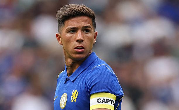 LONDON, ENGLAND - AUGUST 15: Enzo Fernandez of Chelsea reacts during the pre-season friendly match between Chelsea and Real Sociedad at Stamford Bridge on August 15, 2026 in London, England. (Photo by Ryan Pierse/Getty Images)