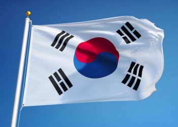 South Korea flag waving against clean blue sky, close up, isolated with clipping path mask alpha channel transparency