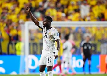 KANSAS CITY, UNITED STATES - JULY 3: Inaki Williams of Ghana gestures during the 2026 FIFA World Cup Round of 32 match between Colombia and Ghana at Arrowhead Stadium (Kansas City Stadium) in Kansas City, Missouri, United States on July 3, 2026. (Photo by Hakan Akgun/Anadolu via Getty Images)