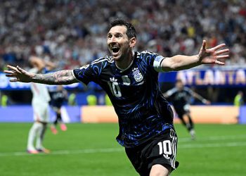 ATLANTA, GEORGIA - JULY 15: Lionel Messi #10 of Argentina celebrates the team's second goal by Lautaro Martinez #22 during the FIFA World Cup 2026 Semi Final match between England and Argentina at Atlanta Stadium on July 15, 2026 in Atlanta, Georgia. (Photo by Shaun Botterill/Getty Images)