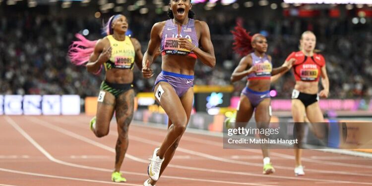 BUDAPEST, HUNGARY - SEPTEMBER 13: Melissa Jefferson-Wooden of Team United States reacts as she crossing the finish line to win the Women's 200 Metres Final during Day 3 of the World Athletics Ultimate Championship at National Athletics Centre on September 13, 2026 in Budapest, Hungary. (Photo by Matthias Hangst/Getty Images)