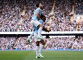 MANCHESTER, ENGLAND - SEPTEMBER 20: Antoine Semenyo of Manchester City celebrates scoring his team’s third goal with teammate Rayan Cherki during the Premier League 2026/27 match between Manchester City and Sunderland at Etihad Stadium on September 20, 2026 in Manchester, England. (Photo by Carl Recine/Getty Images)
